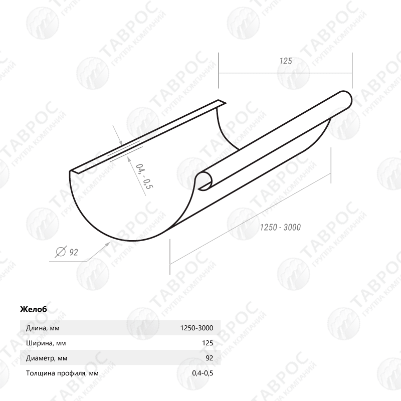 Желоб водосточный Гладкий полиэстер RAL 5005 3000*125*92